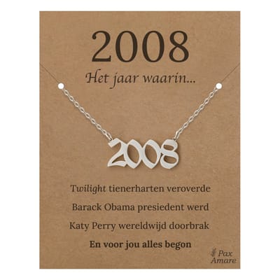Jaartal 2008 Ketting op Cadeau Kaartje - Zilverkleurig Stainless Steel - 45cm - Met informatie over geboortejaar - Pax Amare