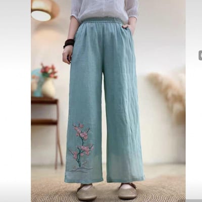 Zomer Nationale Stijl Nieuwe Chinese Broek Dames Elastisch Geborduurd Etnische Stijl Geborduurde Casual Broek Retro Losse Wijde Pijpen Broek L