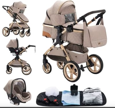 J&R Kinderwagen 3 in 1 - Kinderwagen - Bedje - Buggy - Autostoel - Opvouwbaar - Aluminium frame - Beige/Khaki - Goud - Zwart