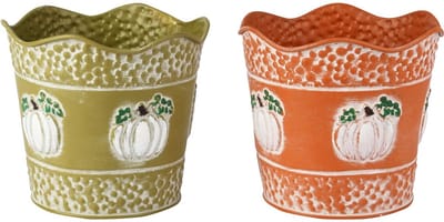 Dekoratief | Bloempot m/pompoenen, groen/oranje, metaal, 13x13x12cm, set van 2 stuks | A255949