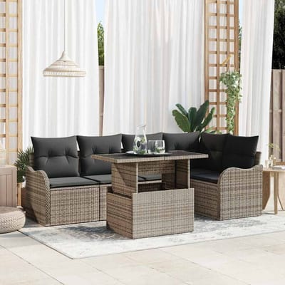vidaXL Tuinbank Set met kussen met kussen 6 pcs Grijs Poly Riet