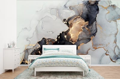 Behang - Fotobehang Zwart - Marmer - Luxe - Goud - Breedte 320 cm x hoogte 240 cm