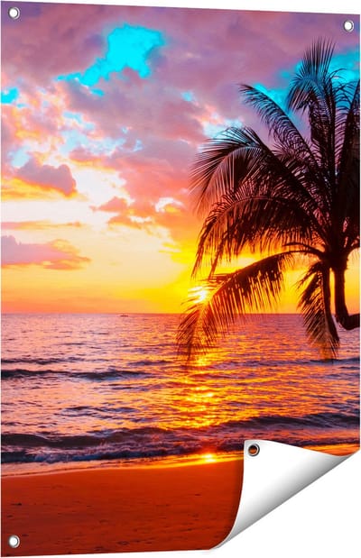 Gards Tuinposter Tropisch Strand tijdens Zonsondergang - 60x80 cm - Tuindoek - Tuindecoratie - Wanddecoratie buiten - Tuinschilderij