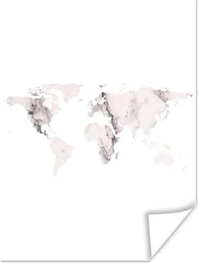 Wanddecoratie - Wereldkaart - Marmer - Grijs - 90x120 cm - Poster