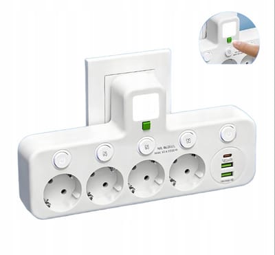 HOMTAS Stekkerdoos - 4 stopcontacten - 2 USB en 1 Type-C-poorten - 2500W - Multiply socket - aan/uit schakelaar - nachtlamp - Wit