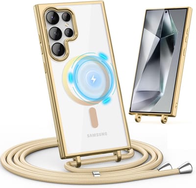 Casemania Hoesje Geschikt voor Samsung Galaxy S25 Ultra - Goud - Siliconen Back Cover met Koord - Geschikt voor MagSafe - Telefoonhoesje met Koord - Crossbody Lanyard Cord Case