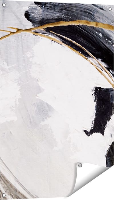 Gards Tuinposter Abstracte Kunst - Wit met Zwart en Goud - 60x90 cm - Tuindoek - Tuindecoratie - Wanddecoratie buiten - Tuinschilderij