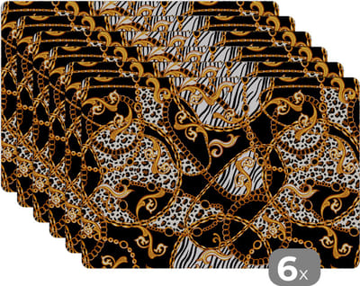 Placemat - Placemats kunststof - Ketting - Goud - Panter - Zebra - 45x30 cm - 6 stuks - Hittebestendig - Anti-Slip - Onderlegger - Afneembaar