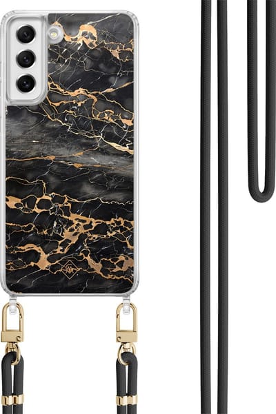 Casimoda® hoesje met koord - Geschikt voor Samsung S21 FE - Marmer Grijs Brons - Afneembaar koord - TPU/polycarbonaat - Zwart