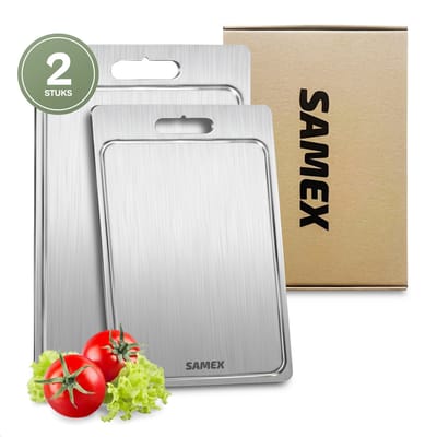 Samex® Snijplankenset - Titanium Gestabiliseerd Roestvrij Staal - Met Sapgeul - 2 Snijplanken - Vaatwasserbestendig - 36x25cm + 20x29cm - Cutting Board - Chopping Board - Antibacterieel
