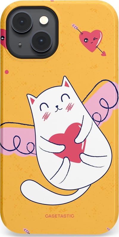 Casetastic Hoesje Geschikt voor Apple iPhone 14 Plus Magsafe - Stijlvolle Beschermende Duo-layer Case - Kattenflirt Geel Rode Hartjes Liefde