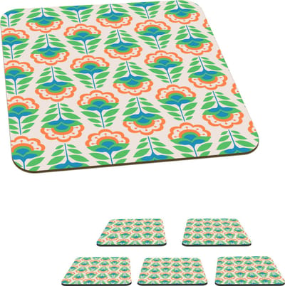 Onderzetters voor glazen - Retro - Bloemen - Design - Groen - Oranje - 10x10 cm - Glasonderzetters - 6 stuks