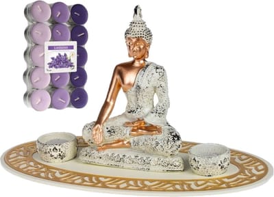 Boeddha beeld voor binnen 35 cm met 30x geurkaarsen lavendel - Buddha beeldje met theelichtjes/waxinelichtjes