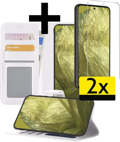 Hoesje - Met 2x Screenprotector - Geschikt voor Google Pixel 8a - Luxe Pasjeshouder - Bookcase Portemonee - Flip Case - Kunstleer Book Case - Flipcase Hoes - Book Cover - Walletcase - Portemonneehoes - Telefoonhoesjes - Wit