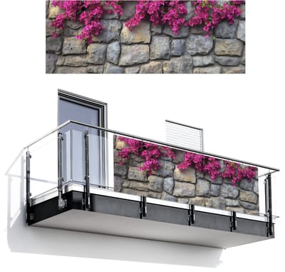 Balkonscherm 300x110 cm - Balkonposter Bougainvillea - Stenen Muur - Roze - Balkon scherm decoratie - Balkonschermen - Balkondoek zonnescherm