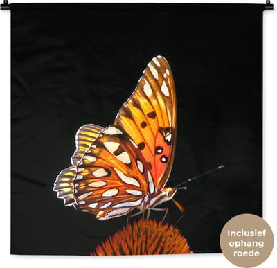 Wandkleed - Wanddoek - Vlinder - Bloemen - Insect - Portret - Zwart - Oranje - 90x90 cm - Wandtapijt