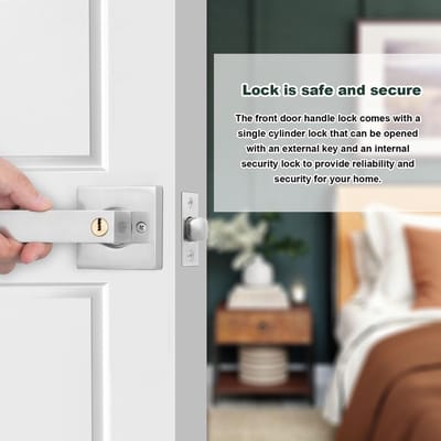 Deurkruk slot, binnendeurklink met slot en sleutel, vierkante ingangsdeurgreep voor slaapkamer, kantoor links of rechts (zilver)