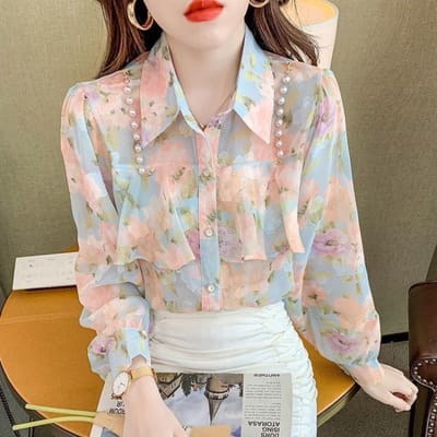 Dameshemd In Lente en Herfst Modieus en Veelzijdig Shirt Design Gevoel Parel Ruche Bloemen Chiffon Zoet Shirt met Lange Mouwen 2XL blauw