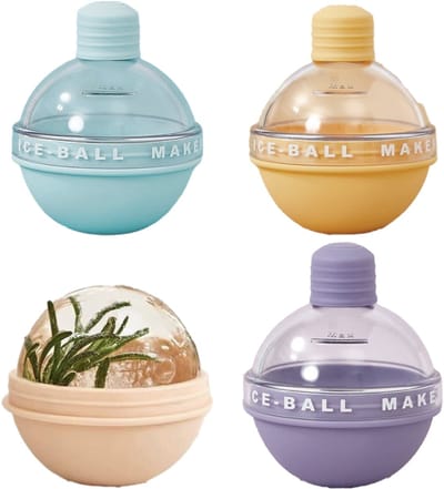 ZYLARO siliconen ijsblokjesvorm - Ronde ijsblokjesvormen met deksel - Set van 4 STUKS Grote Whiskey IJsballenvorm - Ø 6.5 cm Groot IJsballen, voor bier cocktails whisky koude dranken ijs - Geel/Roze/Blauw/Paars