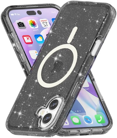 IYUPP Glitter Hoesje Geschikt voor iPhone 16 Hoesje met Glitters - Geschikt voor MagSafe - Shockproof Back Cover - Zwart Transparant