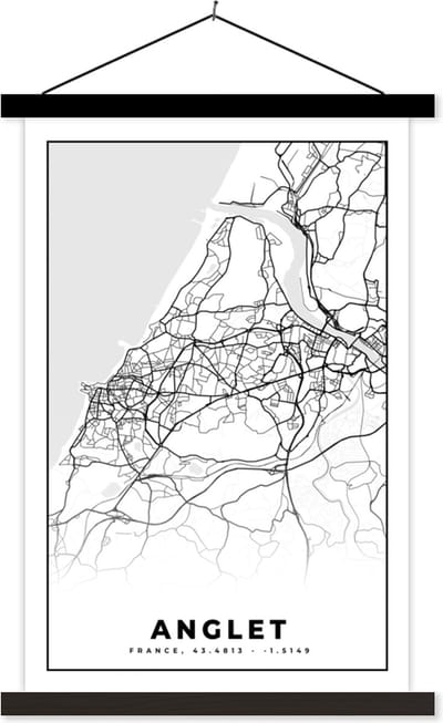 Posterhanger incl. Poster 40x60 cm - Schoolplaat - Anglet - Stadskaart – Plattegrond – Kaart – Frankrijk - Zwart wit - Textielposter - Zwarte latten - Stadskaart