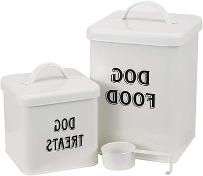 Hondenvoer en traktaties opslagset met schep - Vintage witte poedercoating - Sluitdeksels - Kleine opbergblikken voor hondenvoer en snacks