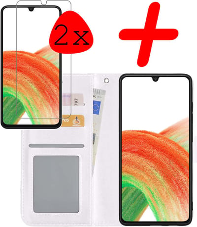 Hoesje Met 2x Screenprotector - Geschikt voor Samsung Galaxy A33 - Luxe Pasjeshouder - Bookcase Portemonee - Flip Case - Kunstleer Book Case - Flipcase Hoes - Book Cover - Walletcase - Portemonneehoes - Wit