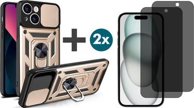 Hoesje met Privacy screenprotectors 2 stuks Geschikt voor iPhone 15 met Ringhouder en Camera schuifje - Arara backcover - Goud