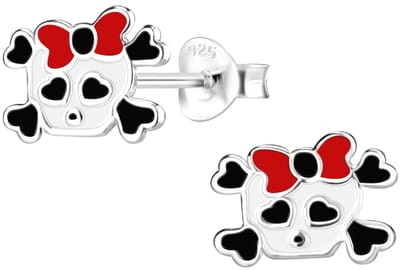 Joy|S - Zilveren halloween oorbellen - skull zwart wit met hartjes