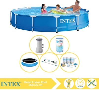 Intex Rond Frame Zwembad - 366 x 76 cm - Blauw - Inclusief Pomp - Solarzeil - Onderhoudspakket - Filter - Stofzuiger - 6-delig