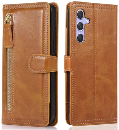 Bookcase Geschikt voor: Samsung Galaxy S25 FE / S25FE met ritssluiting - Hoesje Flipcover - Magnetisch - 5 kaarten houder - Lichtbruin