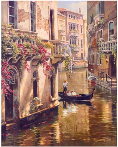 Allernieuwste.nl® Canvas Schilderij Venetië Stad en Gondel - Kunst aan je Muur - Romantisch Realistisch - Kleur - 50 x 70 cm