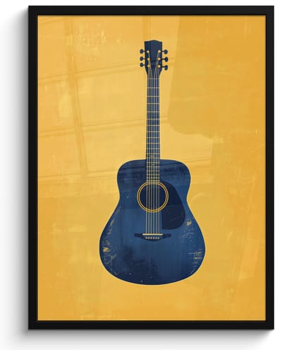 Poster in lijst - Fotolijst 50x70 cm - Posters - Gitaar - Akoestisch - Geel - Minimalistisch - Posterlijst zwart - Decoratie - Wanddecoratie woonkamer - Muurdecoratie slaapkamer