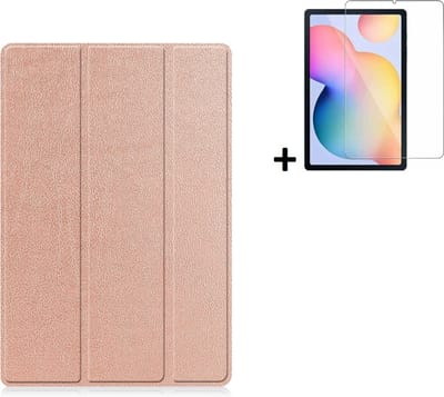Hoesje Geschikt voor Samsung Galaxy Tab S6 Lite - 10.4 inch - Screenprotector Samsung Galaxy Tab S6 Lite - Samsung Tab S6 Lite Tri fold book case hoes Rosegoud + Tempered Glass