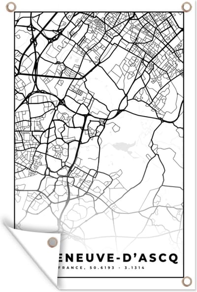Muurdecoratie Kaart - Stadskaart - Frankrijk - Villeneuve-D'Ascq - Plattegrond - Zwart wit - 120x180 cm - Tuinposter - Tuindoek