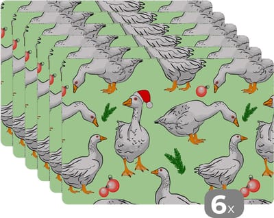 Placemat - Placemats kunststof - Gans - Kerstballen - Christmas - Patronen - 45x30 cm - 6 stuks - Hittebestendig - Anti-Slip - Onderlegger - Afneembaar
