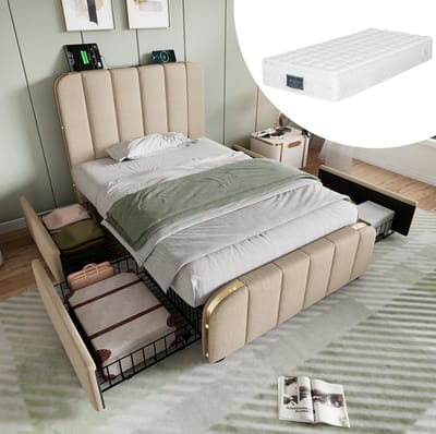 Gestoffeerd Bed 90x200 cm - Eenpersoonsbed Met USB C Oplaadpunt En 4 Lades - Met Lattenbodem - Slaapkamer - Stof En Metaal - Beige - Zonder Matras