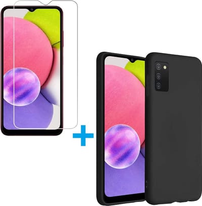 Silicone hoesje zwart met 2 Pack Tempered glas Screen Protector Geschikt voor: Samsung Galaxy A03S