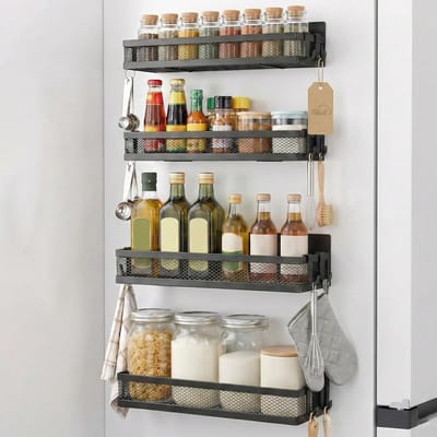 SnelShoppen - Magnetisch kruidenrek voor koelkast, 4 stuks, keuken organizer met 8 haken, flexibel en ruimtebesparend voor kruiden en keukengerei