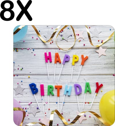 Luxe Placemat - Happy Birthday met Slingers en Balonnen - Set van 8 Placemats - 50x50 cm - 2 mm dik Vinyl - Anti Slip - Afneembaar