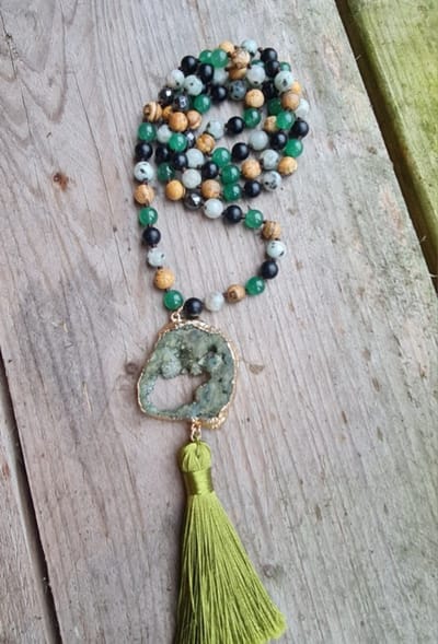 Boho lange edelsteen ketting - Groen kleur - geode - dalmatier - picture jaspis - agaat - handgemaakt