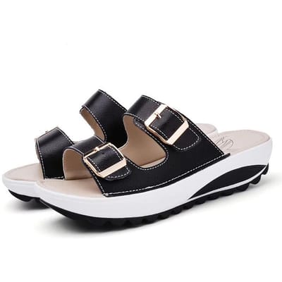 Nieuwe Zomer Casual Outdoor Slippers Vlakke Zool Dames Strand Schoenen Echt Leer Sandalen Dames Grote Maat Sandalen 41 black