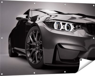Gards Tuinposter Grijze Sportwagen Auto - Zwart Wit - 120x80 cm - Tuindoek - Tuindecoratie - Wanddecoratie buiten - Tuinschilderij