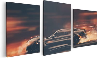 Artaza Canvas Schilderij Drieluik Zwarte Sportwagen Auto Met Vlammen - 120x60 - Foto Op Canvas - Canvas Print