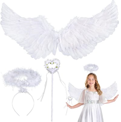 Jhubersproducts - Engelvleugels - Witte engelenvleugels - Perfect voor kostuums - 60 cm - Ideaal voor feestjes - Inclusief halo en toverstaf - Geschik