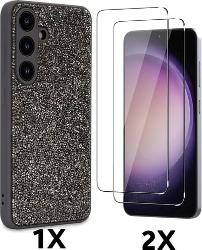 Casemania Hoesje & Glas Geschikt voor Samsung Galaxy S25 - Zilver - Diamant Glitter Back Cover & 2x Glazen Screenprotector