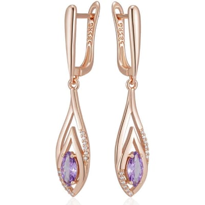 Glanzende Paarse Natuurlijke Zirconia Lange Hangende Oorbellen Voor Vrouwen Roségoud Kleur Vintage Etnisch Bruids Dagelijkse Fijne Sieraden beige