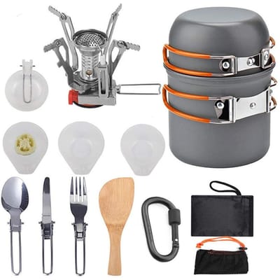 Ensemble d'ustensiles de cuisine de Camping, randonnée, pique-nique Portable en plein air, Kit de casseroles en alumine, cuisine de voyage orange