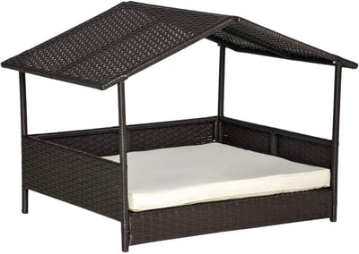 Hondenhuis met kussen - 98x69x73 cm - Voor Honden - PP Rotan Koffiebruin - Hondenbench (Binnen & Buiten) - Bench