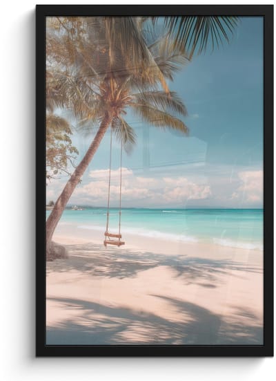 Poster in lijst - Fotolijst 40x60 cm - Posters - Palmboom - Schommel - Strand - Lucht - Posterlijst zwart - Decoratie - Wanddecoratie woonkamer - Muurdecoratie slaapkamer
